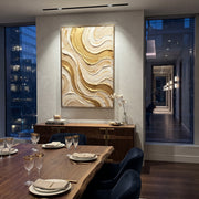 "Cracked Gold Vein Relief" - Modern Heavy Impasto Abstract Artwork | Beige & White Palette Knife Painting | Luxury Vertical Wall Art #Q 328