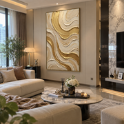 "Cracked Gold Vein Relief" - Modern Heavy Impasto Abstract Artwork | Beige & White Palette Knife Painting | Luxury Vertical Wall Art #Q 328