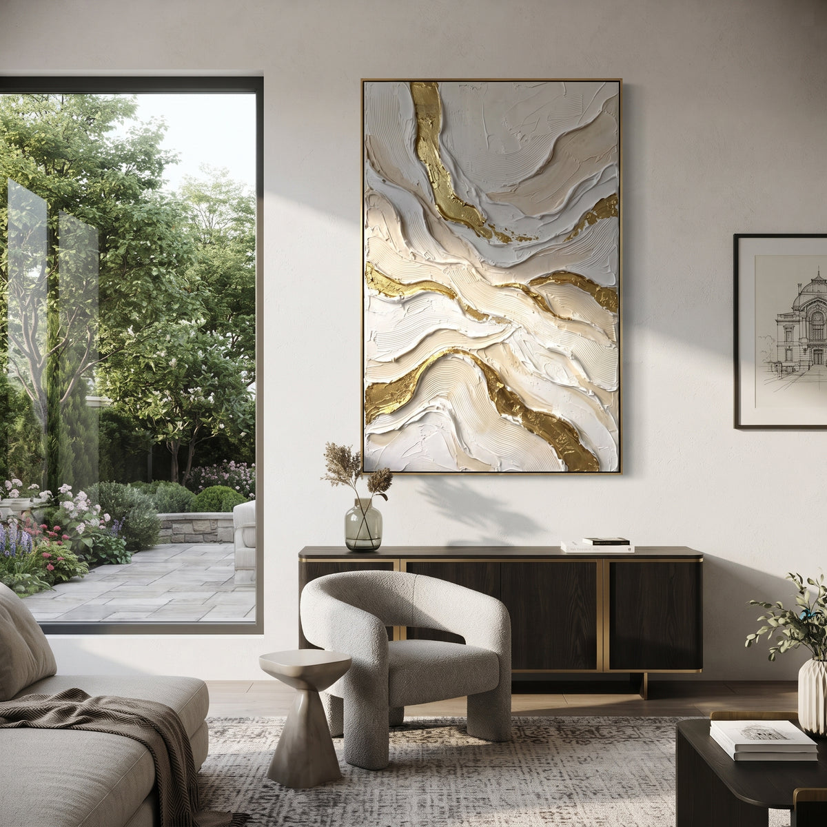 Sandstone Gilded Current Relief focuses on white, beige, grey ivory plaster relief with metallic gold veins, gilded channels, and flowing raised palette-knife movement, keeping the product description tied to the visible artwork rather than a generic texture category. The composition is built from layered ridges, carved plaster edges, curved bands, granular breaks, and raised channels that move across the canvas with a clear directional rhythm. Pale passages, darker accents, warm neutral tones