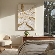 "Sandstone Gilded Current Relief" - Modern Heavy Impasto Abstract Artwork | White & Beige Palette Knife Painting | Luxury Vertical Wall Art #Q 329