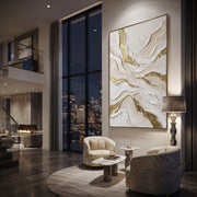 "Sandstone Gilded Current Relief" - Modern Heavy Impasto Abstract Artwork | White & Beige Palette Knife Painting | Luxury Vertical Wall Art #Q 329