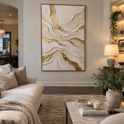 "Sandstone Gilded Current Relief" - Modern Heavy Impasto Abstract Artwork | White & Beige Palette Knife Painting | Luxury Vertical Wall Art #Q 329