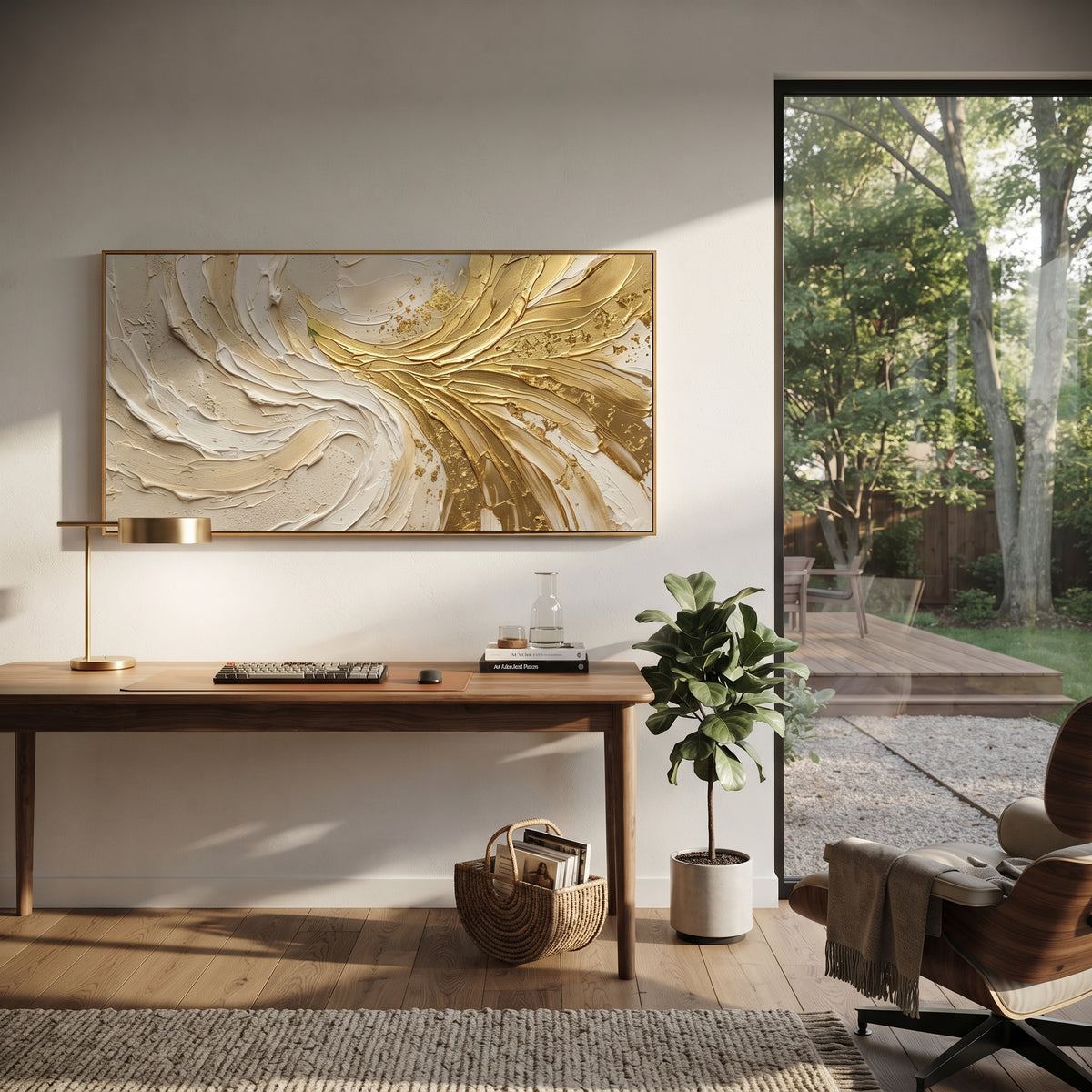 Valley Champagne River Relief focuses on white, beige, gold ivory plaster relief with metallic gold veins, gilded channels, and flowing raised palette-knife movement, keeping the product description tied to the visible artwork rather than a generic texture category. The composition is built from layered ridges, carved plaster edges, curved bands, granular breaks, and raised channels that move across the canvas with a clear directional rhythm. Pale passages, darker accents, warm neutral tones
