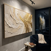 "Valley Champagne River Relief" - Modern Heavy Impasto Landscape Artwork | White & Beige Palette Knife Painting | Luxury Horizontal Wall Art #Q 330