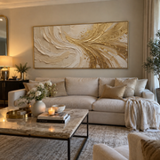 "Valley Champagne River Relief" - Modern Heavy Impasto Landscape Artwork | White & Beige Palette Knife Painting | Luxury Horizontal Wall Art #Q 330