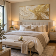 "Valley Champagne River Relief" - Modern Heavy Impasto Landscape Artwork | White & Beige Palette Knife Painting | Luxury Horizontal Wall Art #Q 330