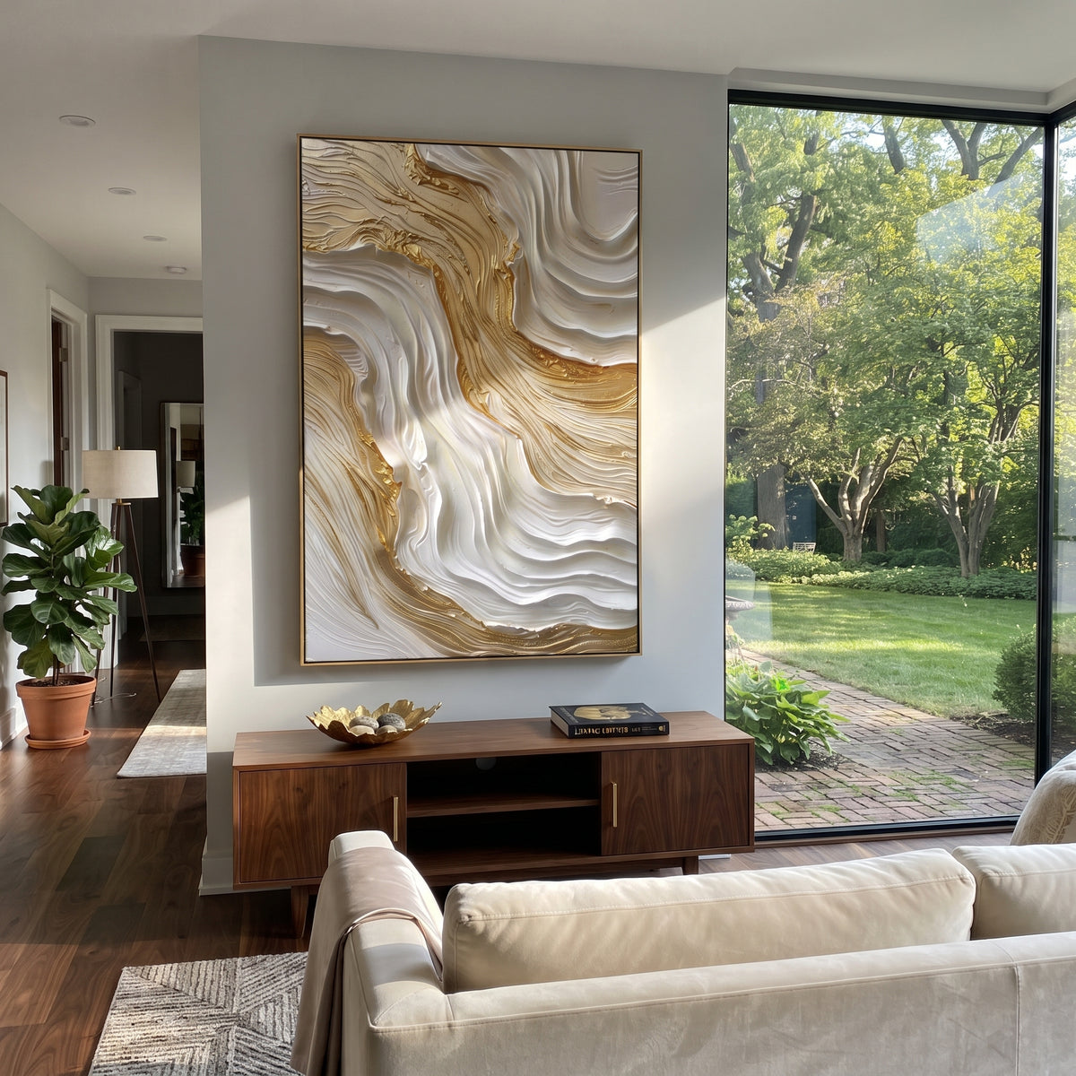 Quiet Golden Fault Relief focuses on white, beige, grey ivory plaster relief with metallic gold veins, gilded channels, and flowing raised palette-knife movement, keeping the product description tied to the visible artwork rather than a generic texture category. The composition is built from layered ridges, carved plaster edges, curved bands, granular breaks, and raised channels that move across the canvas with a clear directional rhythm. Pale passages, darker accents, warm neutral tones, and