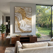 "Quiet Golden Fault Relief" - Modern Heavy Impasto Abstract Artwork | White & Beige Palette Knife Painting | Luxury Vertical Wall Art #Q 331