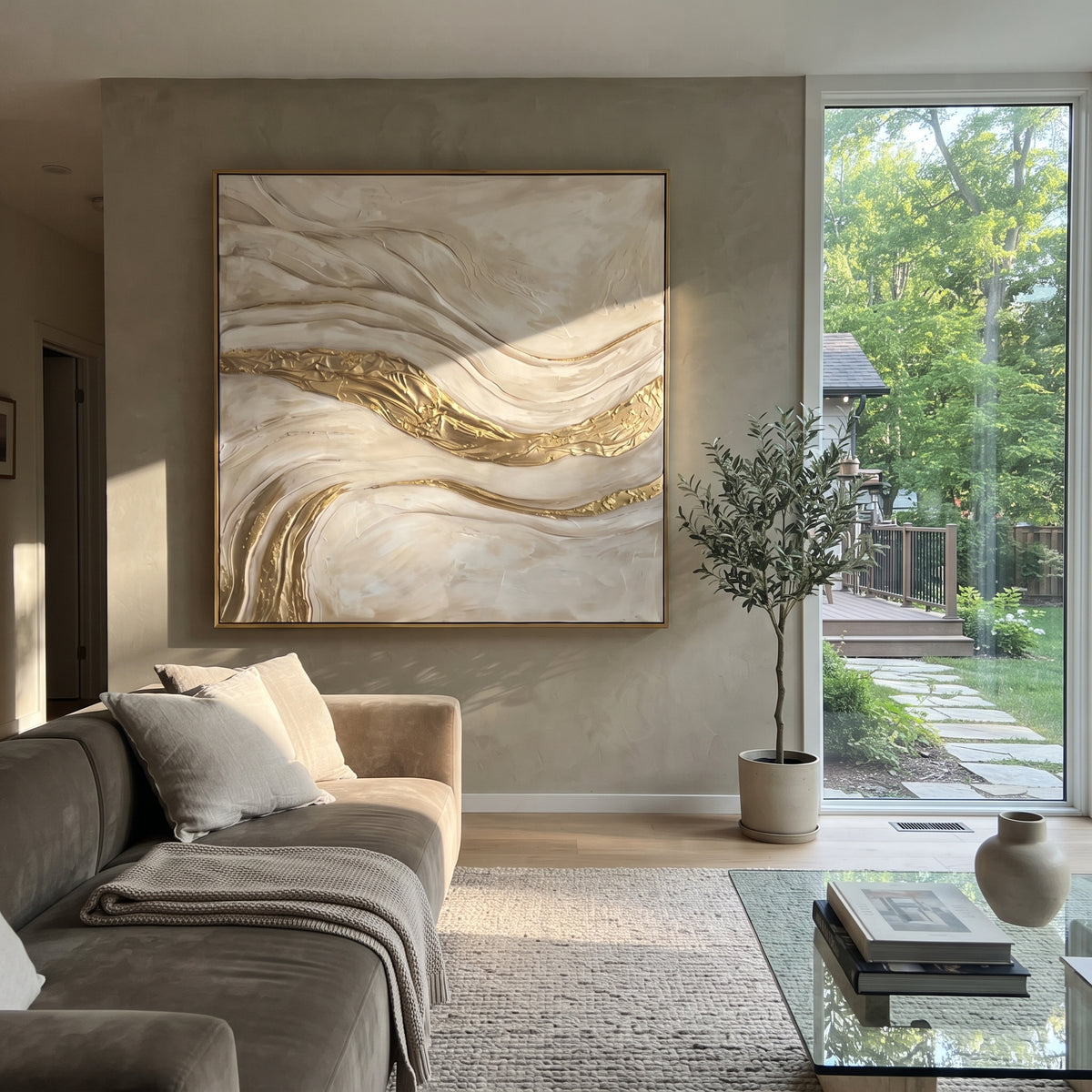 "Stratified Metallic Ribbon Relief" - Modern Heavy Impasto Topographic Abstract | Beige & Grey Palette Knife Painting | Luxury Square Wall Art #Q 332