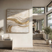 "Stratified Metallic Ribbon Relief" - Modern Heavy Impasto Topographic Abstract | Beige & Grey Palette Knife Painting | Luxury Square Wall Art #Q 332