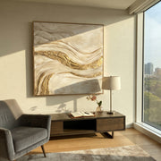 "Stratified Metallic Ribbon Relief" - Modern Heavy Impasto Topographic Abstract | Beige & Grey Palette Knife Painting | Luxury Square Wall Art #Q 332