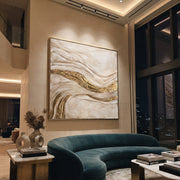 "Stratified Metallic Ribbon Relief" - Modern Heavy Impasto Topographic Abstract | Beige & Grey Palette Knife Painting | Luxury Square Wall Art #Q 332