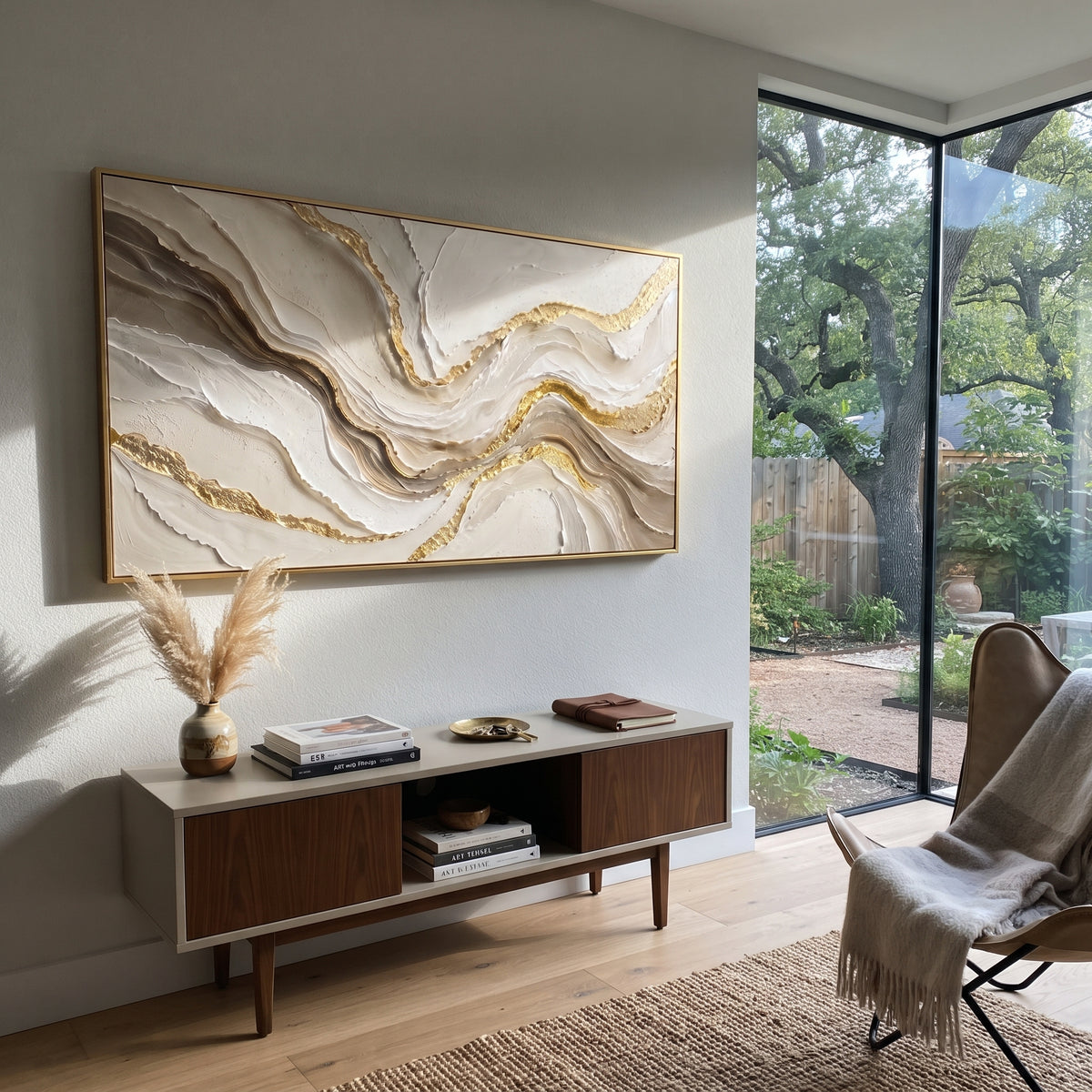 "Eroded Gold Creek Relief" - Modern Heavy Impasto Abstract Artwork | White & Beige Palette Knife Painting | Luxury Horizontal Wall Art #Q 333