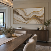 "Eroded Gold Creek Relief" - Modern Heavy Impasto Abstract Artwork | White & Beige Palette Knife Painting | Luxury Horizontal Wall Art #Q 333