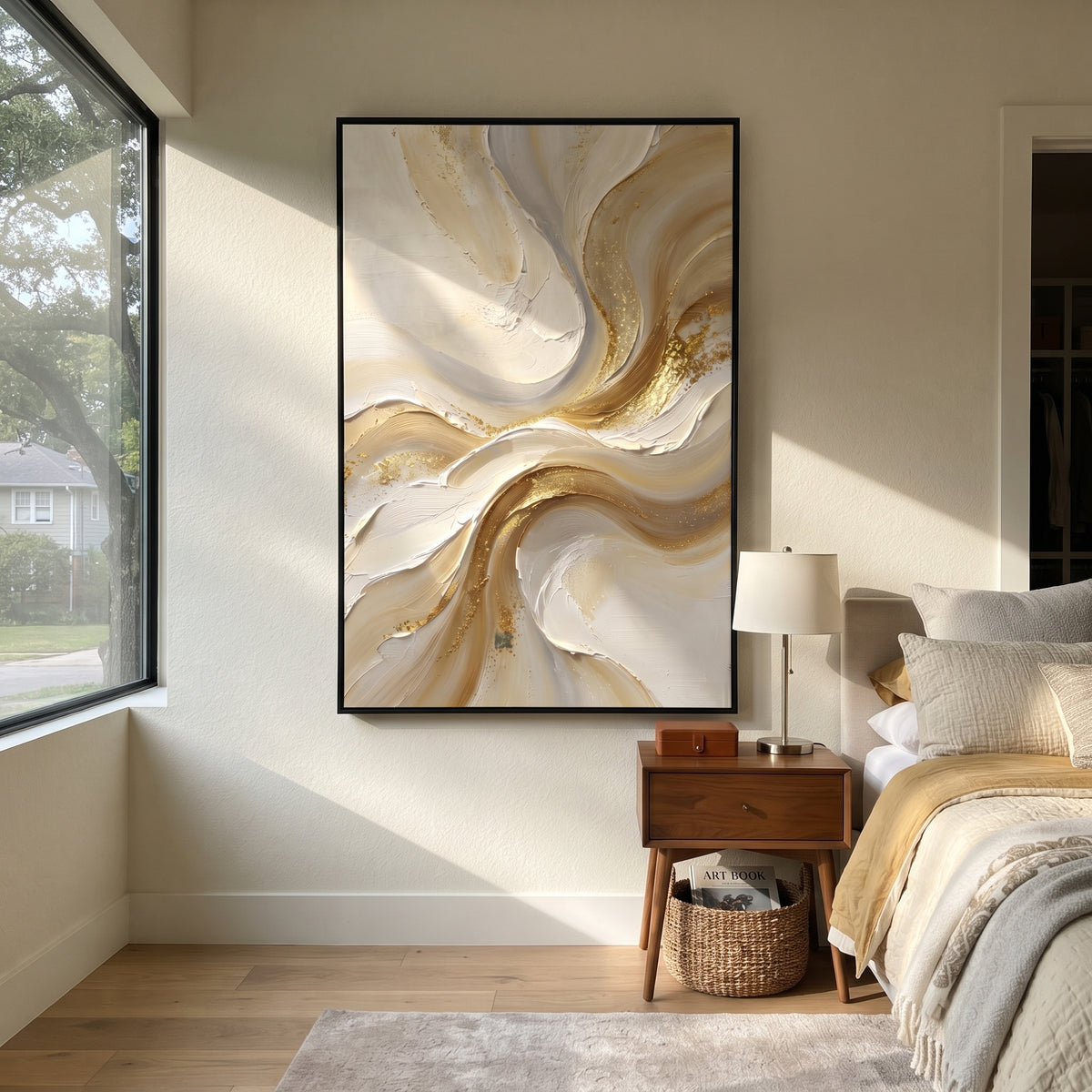 "Luminous Luminous Vein Relief" - Modern Heavy Impasto Abstract Artwork | Beige & White Palette Knife Painting | Luxury Vertical Wall Art #Q 334