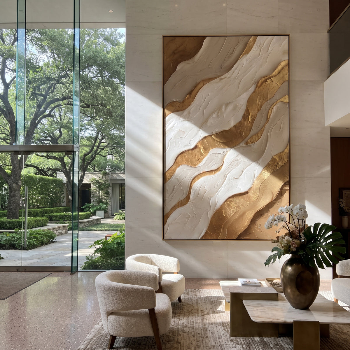 Contour Gilded Wave Relief focuses on white, beige, grey ivory plaster relief with metallic gold veins, gilded channels, and flowing raised palette-knife movement, keeping the product description tied to the visible artwork rather than a generic texture category. The composition is built from layered ridges, carved plaster edges, curved bands, granular breaks, and raised channels that move across the canvas with a clear directional rhythm. Pale passages, darker accents, warm neutral tones, and