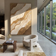 "Contour Gilded Wave Relief" - Modern Heavy Impasto Ocean Wave Seascape | White & Beige Palette Knife Painting | Luxury Vertical Wall Art #Q 335