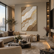 "Contour Gilded Wave Relief" - Modern Heavy Impasto Ocean Wave Seascape | White & Beige Palette Knife Painting | Luxury Vertical Wall Art #Q 335