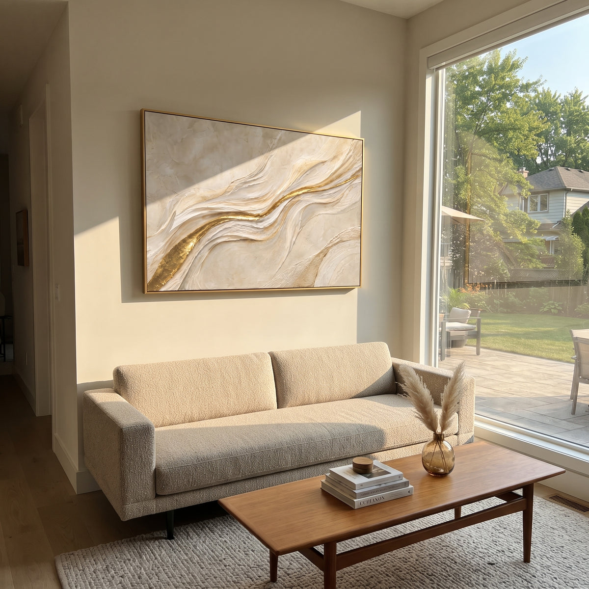 "Layered Gold Foil Ridge Relief" - Modern Heavy Impasto Landscape Artwork | Beige & White Palette Knife Painting | Luxury Horizontal Wall Art #Q 336