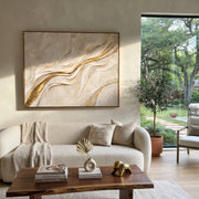 "Layered Gold Foil Ridge Relief" - Modern Heavy Impasto Landscape Artwork | Beige & White Palette Knife Painting | Luxury Horizontal Wall Art #Q 336