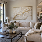 "Layered Gold Foil Ridge Relief" - Modern Heavy Impasto Landscape Artwork | Beige & White Palette Knife Painting | Luxury Horizontal Wall Art #Q 336