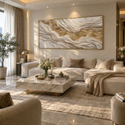 "Curved Bright Mineral Line Relief" - Modern Heavy Impasto Geometric Abstract | White & Beige Palette Knife Painting | Luxury Horizontal Wall Art #Q 337
