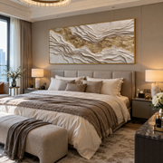 "Curved Bright Mineral Line Relief" - Modern Heavy Impasto Geometric Abstract | White & Beige Palette Knife Painting | Luxury Horizontal Wall Art #Q 337