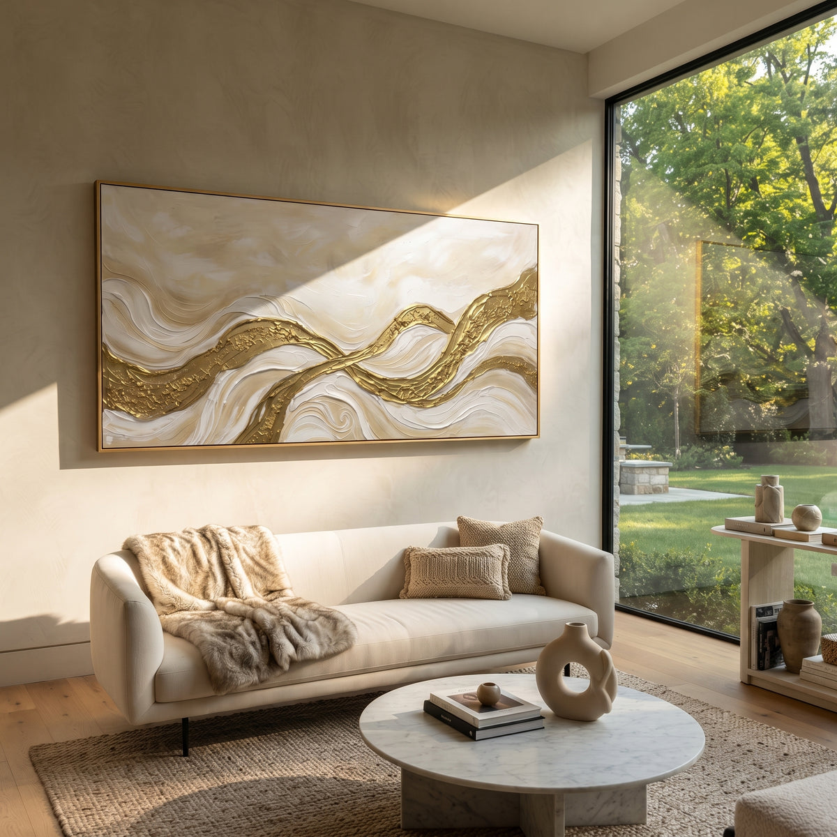 "Tactile Golden Cascade Relief" - Modern Heavy Impasto Abstract Artwork | White & Beige Palette Knife Painting | Luxury Horizontal Wall Art #Q 338