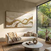"Tactile Golden Cascade Relief" - Modern Heavy Impasto Abstract Artwork | White & Beige Palette Knife Painting | Luxury Horizontal Wall Art #Q 338