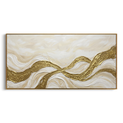 "Tactile Golden Cascade Relief" - Modern Heavy Impasto Abstract Artwork | White & Beige Palette Knife Painting | Luxury Horizontal Wall Art #Q 338