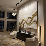 "Tactile Golden Cascade Relief" - Modern Heavy Impasto Abstract Artwork | White & Beige Palette Knife Painting | Luxury Horizontal Wall Art #Q 338