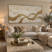 "Tactile Golden Cascade Relief" - Modern Heavy Impasto Abstract Artwork | White & Beige Palette Knife Painting | Luxury Horizontal Wall Art #Q 338