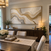 "Ribboned Gold Leaf Channel Relief" - Modern Heavy Impasto Botanical Tree Artwork | White & Beige Palette Knife Painting | Luxury Horizontal Wall Art #Q 339
