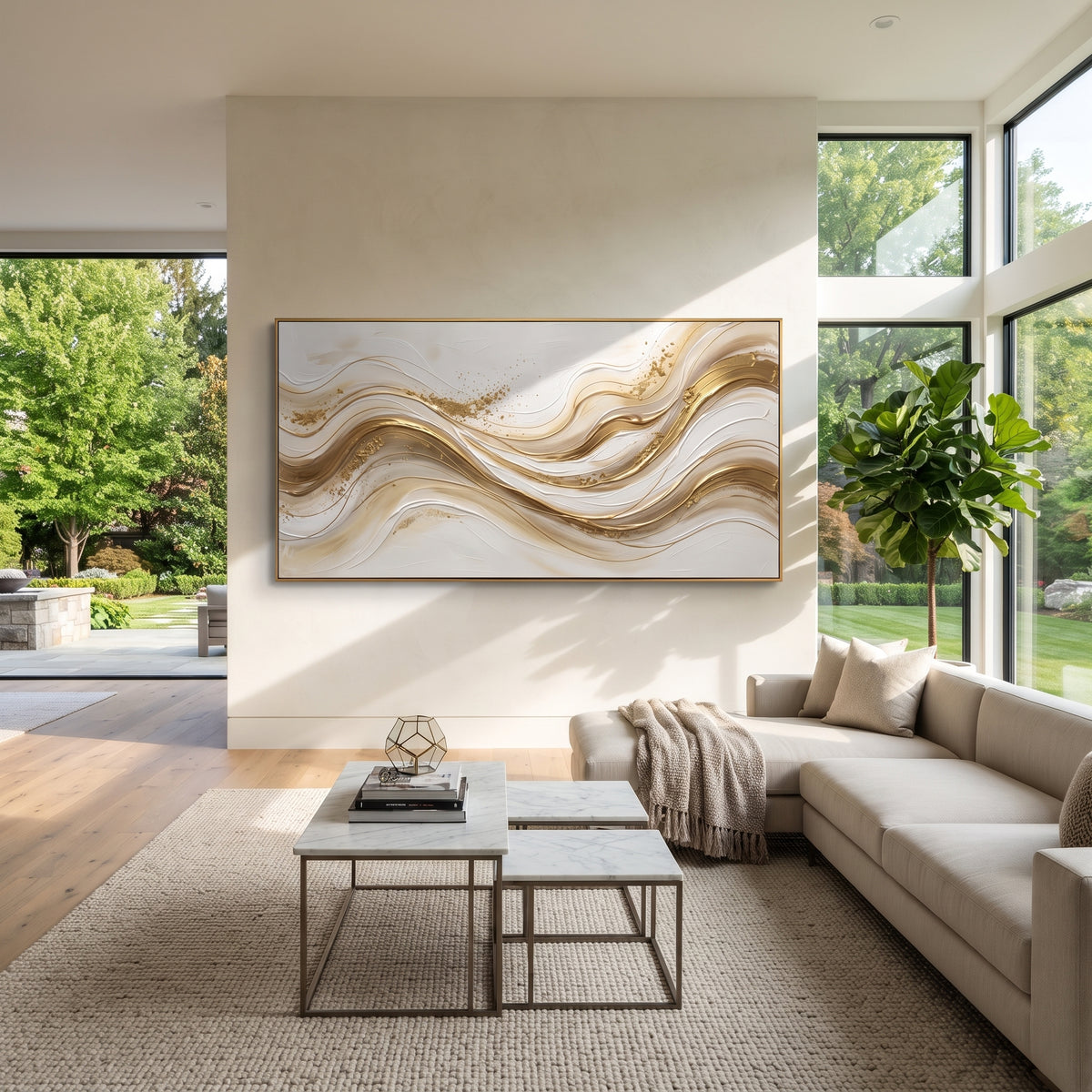 Ivory Gold Vein Relief focuses on white, beige, gold ivory plaster relief with metallic gold veins, gilded channels, and flowing raised palette-knife movement, keeping the product description tied to the visible artwork rather than a generic texture category. The composition is built from layered ridges, carved plaster edges, curved bands, granular breaks, and raised channels that move across the canvas with a clear directional rhythm. Pale passages, darker accents, warm neutral tones, and