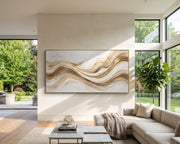 "Ivory Gold Vein Relief" - Modern Heavy Impasto Abstract Artwork | White & Beige Palette Knife Painting | Luxury Horizontal Wall Art #Q 340