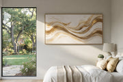 "Ivory Gold Vein Relief" - Modern Heavy Impasto Abstract Artwork | White & Beige Palette Knife Painting | Luxury Horizontal Wall Art #Q 340