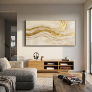 "Shell Gilded Current Relief" - Modern Heavy Impasto Abstract Artwork | White & Gold Palette Knife Painting | Luxury Horizontal Wall Art #Q 341