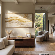 "Shell Gilded Current Relief" - Modern Heavy Impasto Abstract Artwork | White & Gold Palette Knife Painting | Luxury Horizontal Wall Art #Q 341