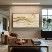 "Shell Gilded Current Relief" - Modern Heavy Impasto Abstract Artwork | White & Gold Palette Knife Painting | Luxury Horizontal Wall Art #Q 341