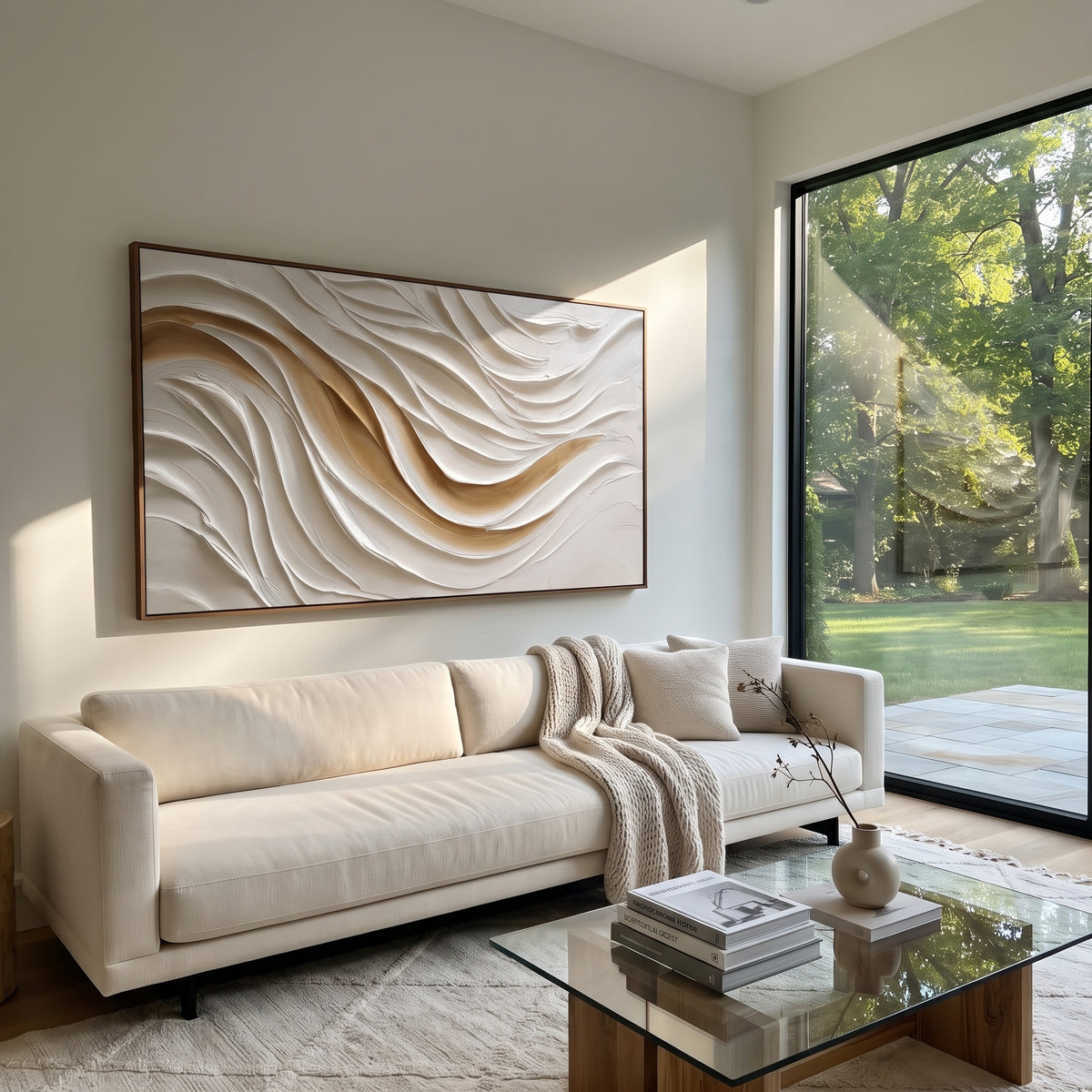 Luminous Folded Champagne River Relief focuses on white, beige, grey ivory plaster relief with metallic gold veins, gilded channels, and flowing raised palette-knife movement, keeping the product description tied to the visible artwork rather than a generic texture category. The composition is built from layered ridges, carved plaster edges, curved bands, granular breaks, and raised channels that move across the canvas with a clear directional rhythm. Pale passages, darker accents, warm neutral