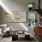 "Luminous Folded Champagne River Relief" - Modern Heavy Impasto Landscape Artwork | White & Beige Palette Knife Painting | Luxury Horizontal Wall Art #Q 342