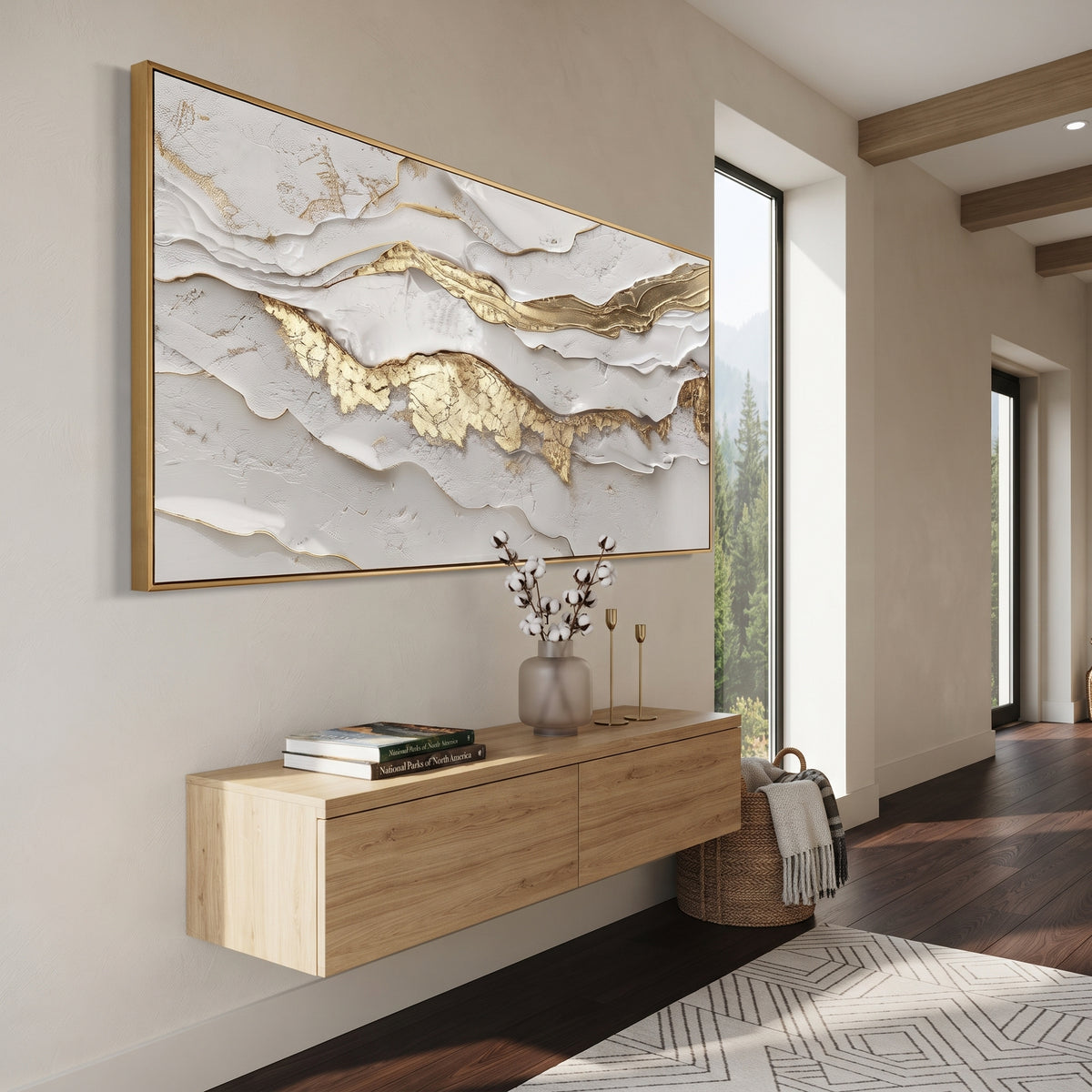 Rippling Golden Fault Relief focuses on white, beige, grey abstract textured layers with raised ridges, mineral breaks, and handmade palette-knife depth, keeping the product description tied to the visible artwork rather than a generic texture category. The composition is built from layered ridges, carved plaster edges, curved bands, granular breaks, and raised channels that move across the canvas with a clear directional rhythm. Pale passages, darker accents, warm neutral tones, and metallic or