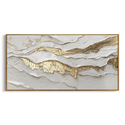 "Rippling Golden Fault Relief" - Modern Heavy Impasto Abstract Artwork | White & Beige Palette Knife Painting | Luxury Horizontal Wall Art #Q 343