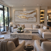 "Rippling Golden Fault Relief" - Modern Heavy Impasto Abstract Artwork | White & Beige Palette Knife Painting | Luxury Horizontal Wall Art #Q 343