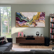 "Fanned Metallic Ribbon Relief" - Modern Heavy Impasto Abstract Artwork | White & Beige Palette Knife Painting | Luxury Horizontal Wall Art #Q 344