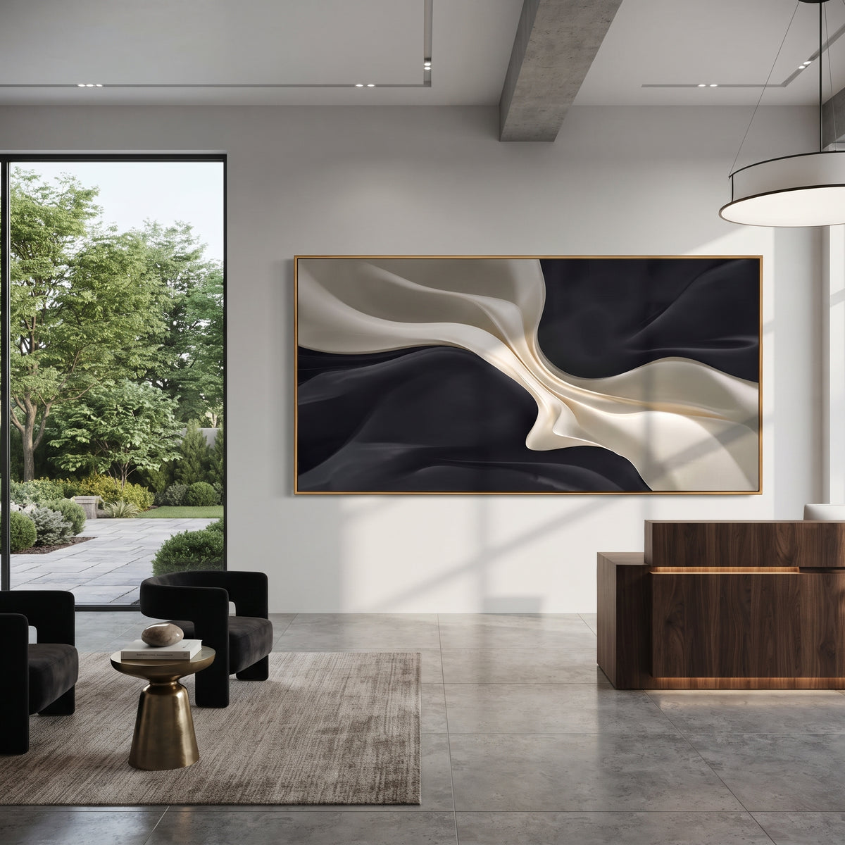 Terraced Gold Creek Relief focuses on white, beige, black abstract textured layers with raised ridges, mineral breaks, and handmade palette-knife depth, keeping the product description tied to the visible artwork rather than a generic texture category. The composition is built from layered ridges, carved plaster edges, curved bands, granular breaks, and raised channels that move across the canvas with a clear directional rhythm. Pale passages, darker accents, warm neutral tones, and metallic or