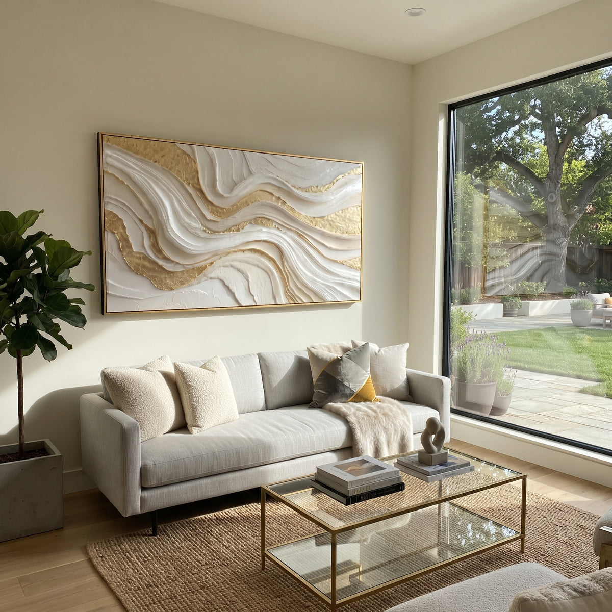 Ridge Gilded Wave Relief focuses on white, beige, grey abstract textured layers with raised ridges, mineral breaks, and handmade palette-knife depth, keeping the product description tied to the visible artwork rather than a generic texture category. The composition is built from layered ridges, carved plaster edges, curved bands, granular breaks, and raised channels that move across the canvas with a clear directional rhythm. Pale passages, darker accents, warm neutral tones, and metallic or