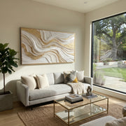 "Ridge Gilded Wave Relief" - Modern Heavy Impasto Landscape Artwork | White & Beige Palette Knife Painting | Luxury Horizontal Wall Art #Q 347
