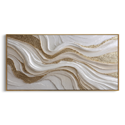 "Ridge Gilded Wave Relief" - Modern Heavy Impasto Landscape Artwork | White & Beige Palette Knife Painting | Luxury Horizontal Wall Art #Q 347
