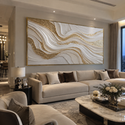 "Ridge Gilded Wave Relief" - Modern Heavy Impasto Landscape Artwork | White & Beige Palette Knife Painting | Luxury Horizontal Wall Art #Q 347